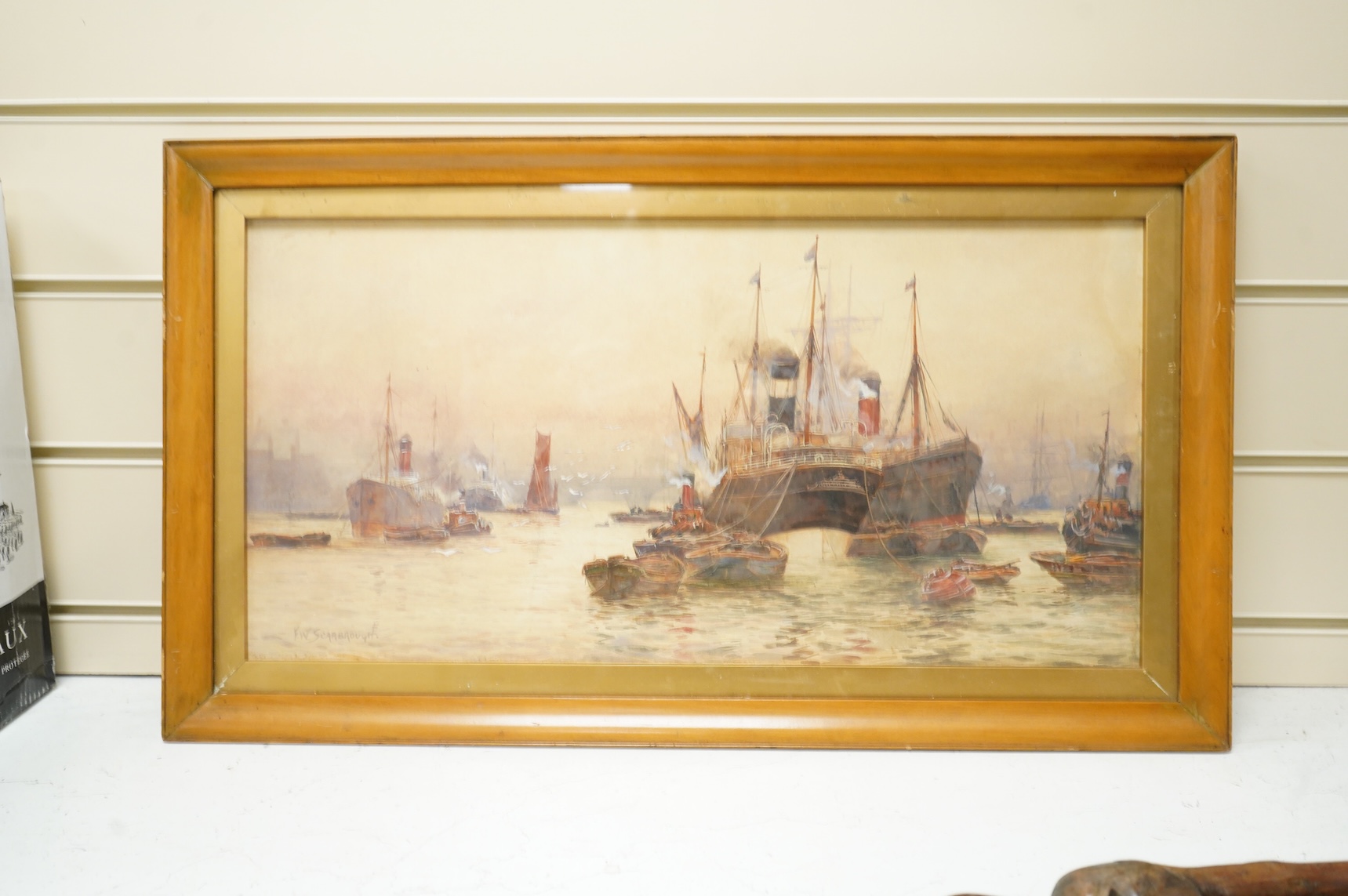 Frederick William Scarborough (1860-1939), Thames view with tug boats and ships, signed, watercolour, 24 x 50cm